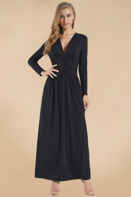 Black Vintage Inspired V-neck Long Sleeve Maxi Dress