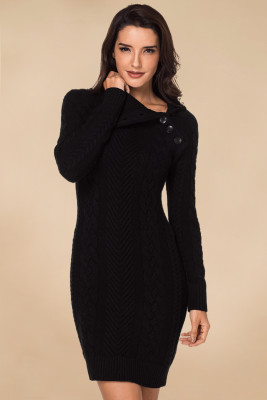 Asymmetric Buttoned Collar Black Bodycon Sweater Dress