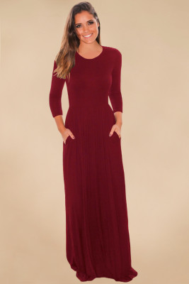 Burgundy Pocket Design 3/4 Sleeves Maxi Dress