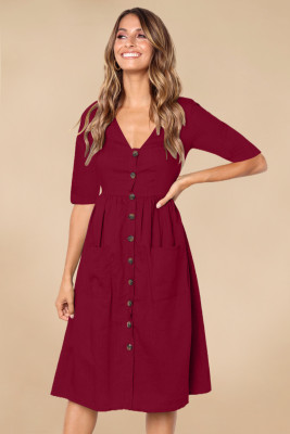Burgundy Button Front Midi Dress with Pockets