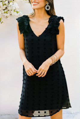 Black Swiss Dot V Neck Ruffled Sleeveless Mini Dress