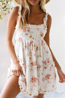 White Sleeveless Ruffle Backless Knot Floral Dress