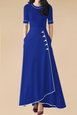 Royal Blue Piped Button Embellished High Waist Maxi Skirt