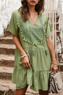 Women's Dresses Lace Stiching Ruffle Tassels Mini Dress