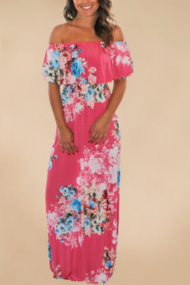 Flower Print Rosy Grounding Off Shoulder Long Boho Dress