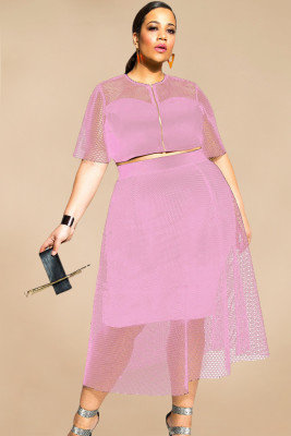 Pink Mesh Joint Plus Crop Top Skirt Set