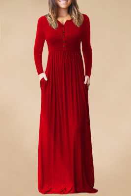 Red Long Sleeve Button Down Casual Maxi Dress