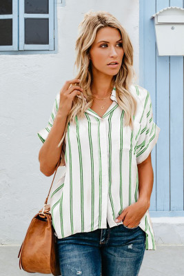 Green Striped Short Sleeve Buttoned Pocket Shirt