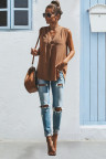 Brown Solid Color V Neck Loose Tank