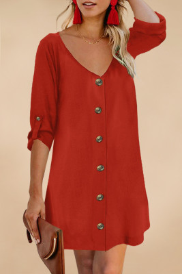 Red V Neck Button Front Roll up Tab Sleeve Dress