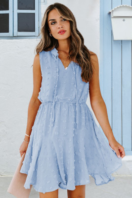Sky Blue Split Neck Pom Pom Textured Flowy Mini Dress