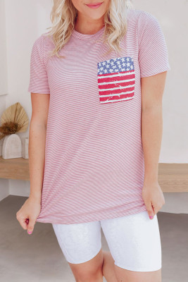 Pink Only In America Pocket Striped T-shirt