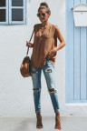 Brown Solid Color V Neck Loose Tank