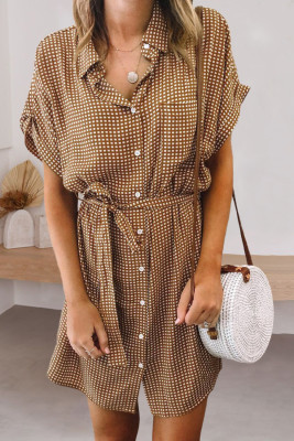 Brown Plaid Pocketed Shirt Mini Dress with Waist Tie