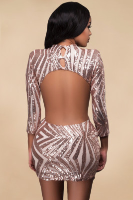 Champagne Sequin Detail Open Back Cocktail Mini Dress