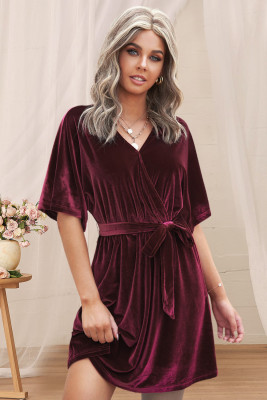 Burgundy V-neck Half Sleeve Velvet Mini Dress with Belt