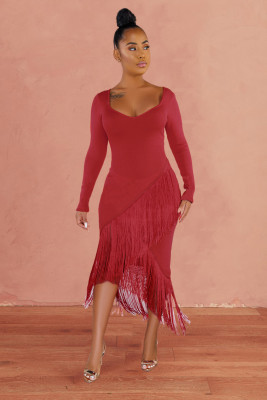 Red Glove Sleeves Fringed High-low Midi Dress