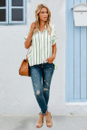 Green Striped Short Sleeve Buttoned Pocket Shirt