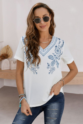 Blue Floral Pattern V Neck Short Sleeve Top