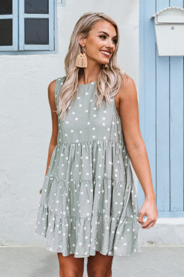 Green Polka Dot Ruffle Sleeveless Mini Dress