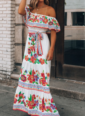 Women's Dresses Floral Print Ruffle Off Shoulder Maxi Dress