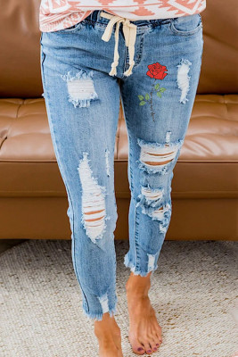 Women's Jeans Rose Ripped Drawstring Mid Waist Slim Jeans
