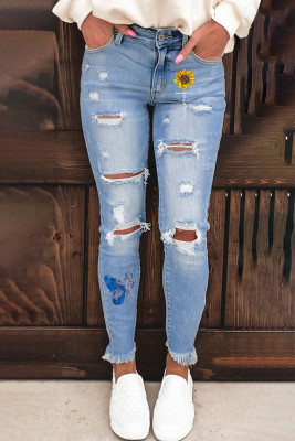 Women's Jeans Butterfly Sunflower Mid Waist Ripped Slim Jeans
