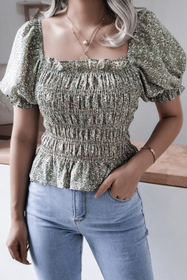 Women's Blouses Floral Ruffled Puff Sleeve Blouse