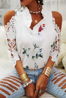 Women's Blouses Floral Lace Sleeve Cold Shoulder Blouse