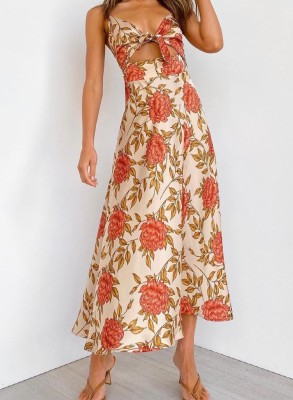 Women's Dresses Satin Floral Split Chest Knot Cutout Midi Dress