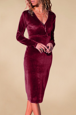 Burgundy V Neck Sleek Velvet Midi Dress