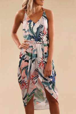 Sky Blue Deep V Neck Summer Floral Print Dress