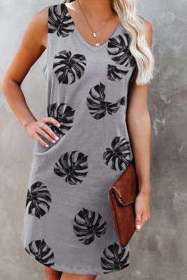 Grey Plant Print V Neck Sleeveless Mini Dress