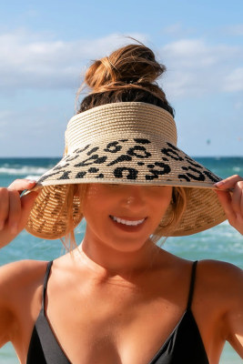 Brown Messy Bun Leopard Wide Brim Straw Beach Hat