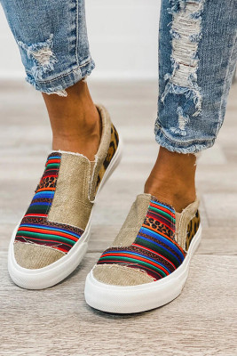 Stripes Leopard Splicing Flat Canvas Sneakers