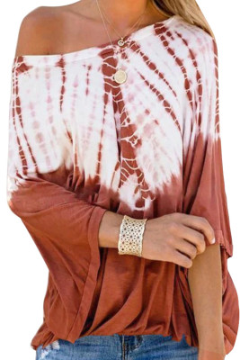 Orange Tie-Dye Print Long Batwing Sleeve Loose Casual Blouse