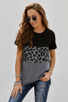 Black Leopard Print Color Block Short Sleeve T-Shirt