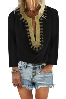 Black Embroidered Split Neckline Shift Blouse