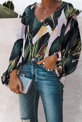 Green Boho Print Balloon Sleeve Blouse
