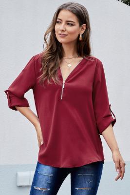 Red Casual V Neck Zip up Half Sleeve Blouse