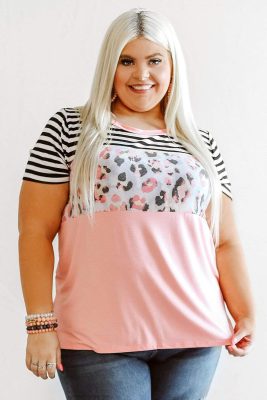Stripes Leopard Colorblock Plus Size Short Sleeve Top
