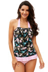 Pink Open Back Ruched Halter Top Shorts Tankini Set