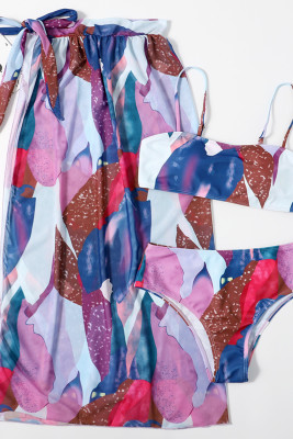 Purple 3pcs Colorblock Print Bikini Set