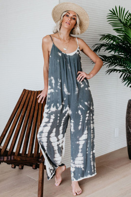 Gray Spaghetti Strap Tie Dye Baggy Long Pants Romper