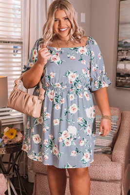 Square Neck Floral Plus Size Mini Dress