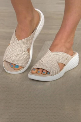 Beige Round Toe Woven Cross Wedge Heel Slippers