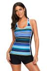 Blue Black Muti Striped Racerback Tankini Top