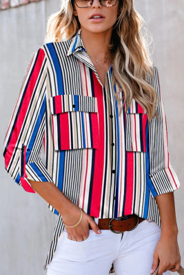 Red Striped Modern Shirt with Pockets