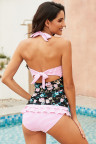 Pink Open Back Ruched Halter Top Shorts Tankini Set