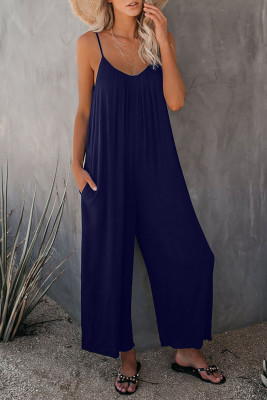 Dark Blue Spaghetti Straps Wide Leg Pocketed Jumpsuits